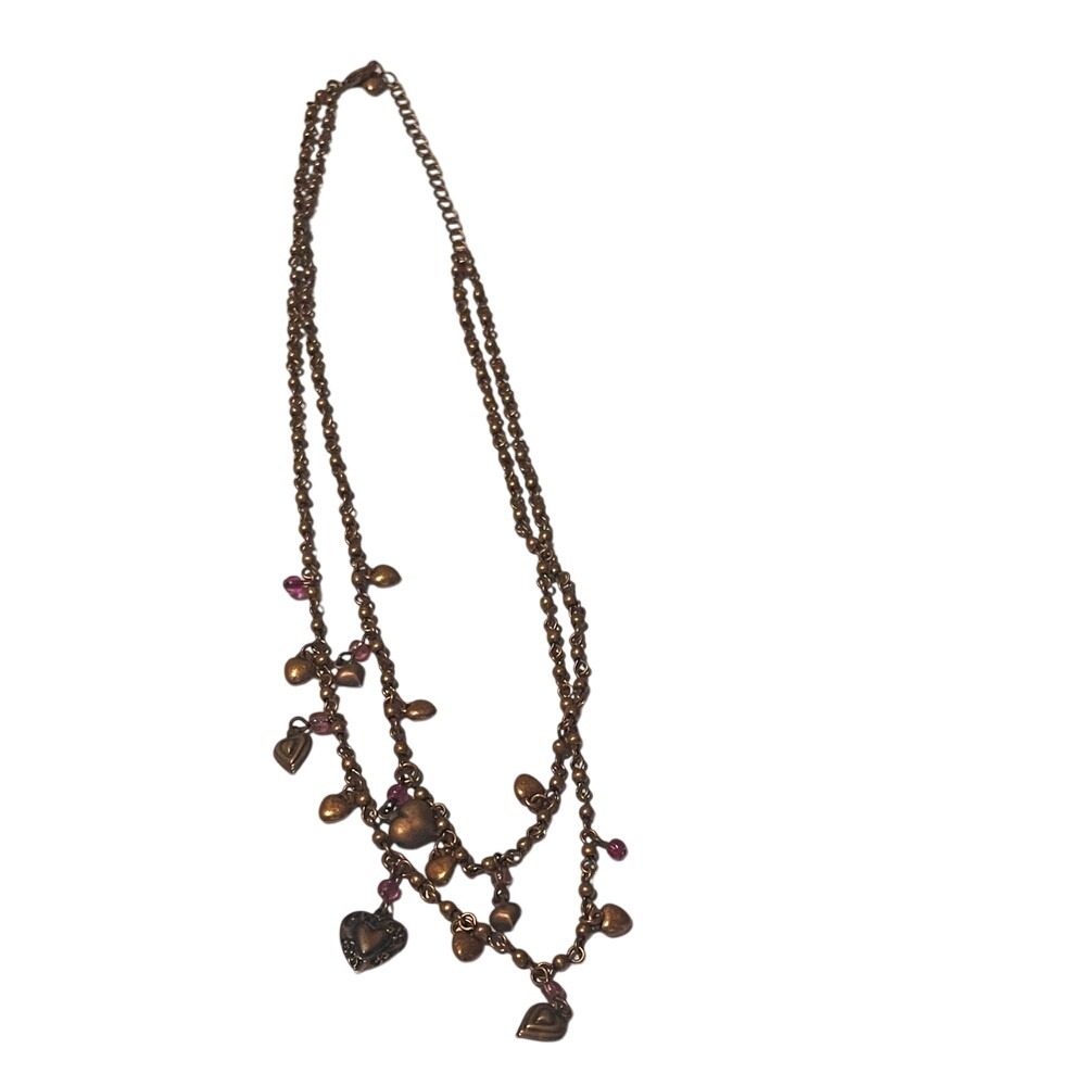 Double Strand Copper Tone Heart Charm Necklace‎ with Pink Beads